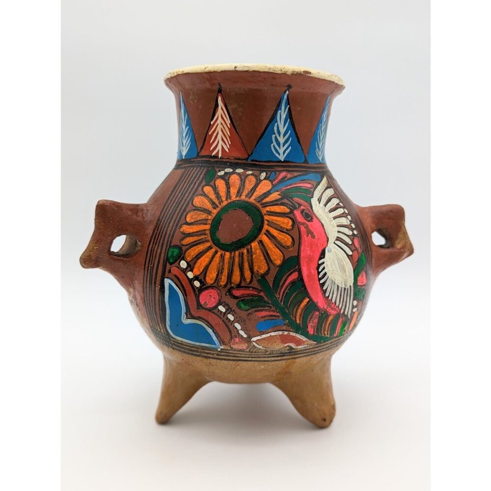1970's Mexican Tonala Art Ceramic Vase w/ Folklore Hand painted Floral and Bird